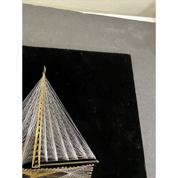 VTG Mid Century 3D String Art Nail Sail Boat Ship Wall Wood Frame 15x14” Velvet - Picture 8 of 16
